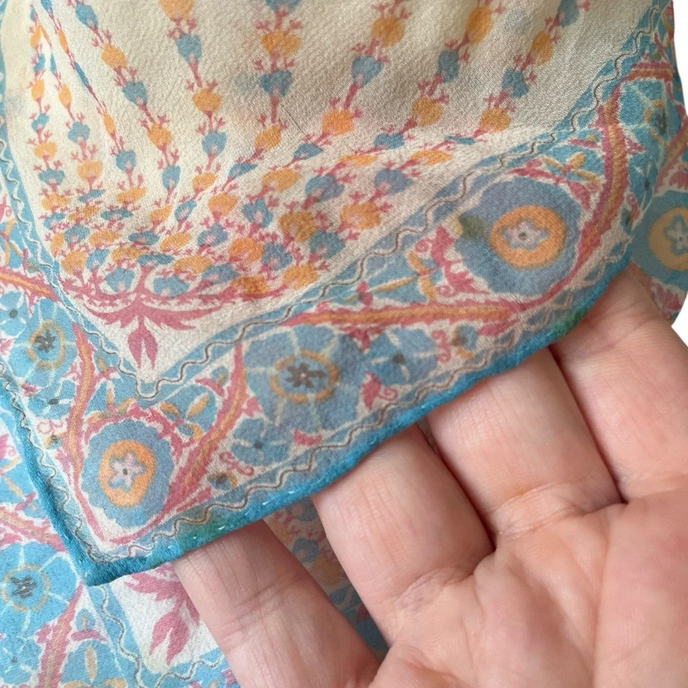 Vintage Square Silk Feel Scarf Sheer Blue Orange Floral Print Lightweight